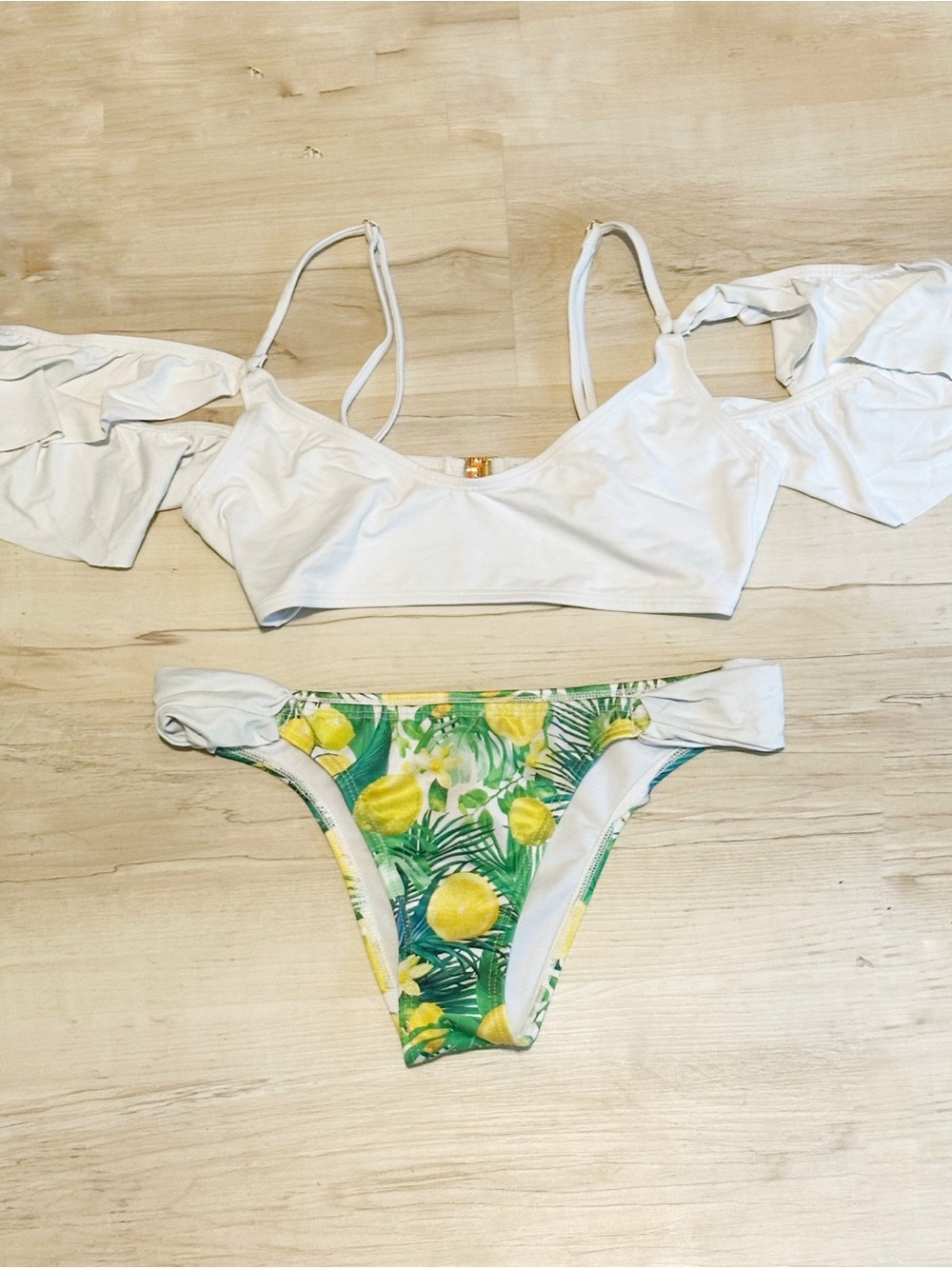 White off shoulder Bikini Too with Floral Green and yellow bottoms